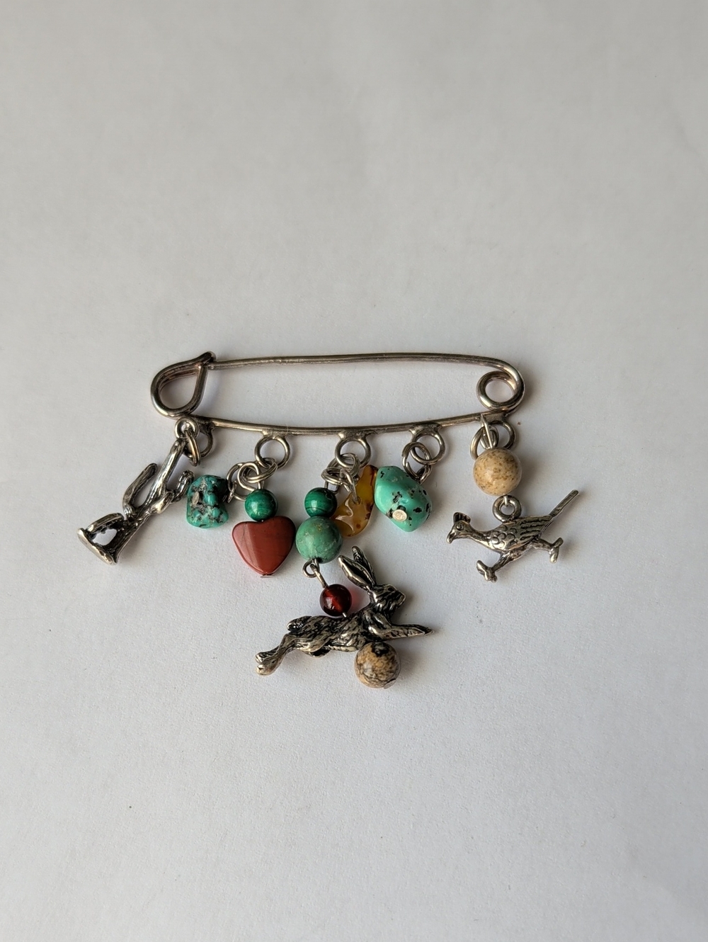 Sterling Silver Charm Safety Pin Brooch with Turquoise & Red Accents